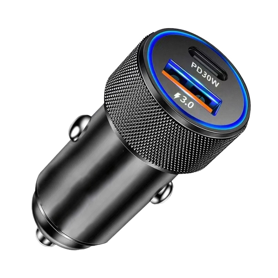 Incarcator Auto Fast Charge PD 30W, QC 3.0, Type-C, USB, Lumini LED, Skyddar VoltDuo, set cu sticker, Negru