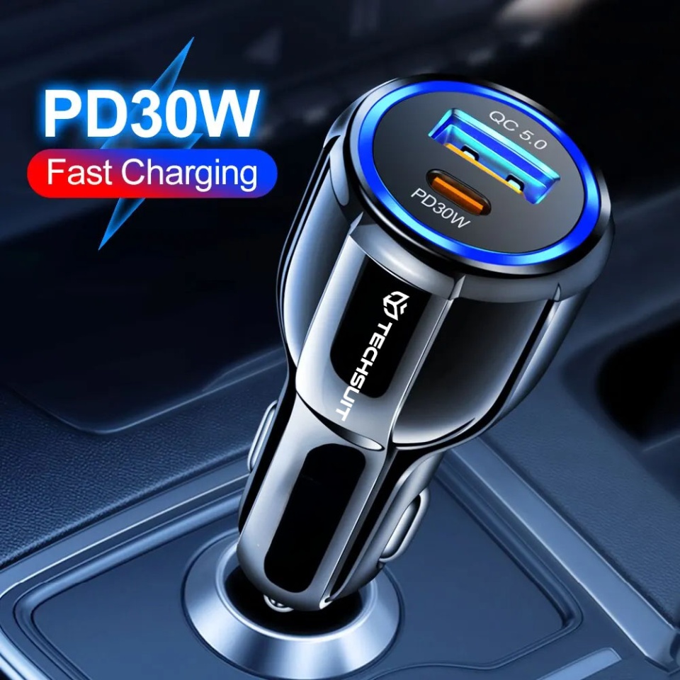 Incarcator auto Fast Charge, USB-C PD30W, Type-C PD30W, 60W, Techsuit TE-022 - Negru - 1 | YEO
