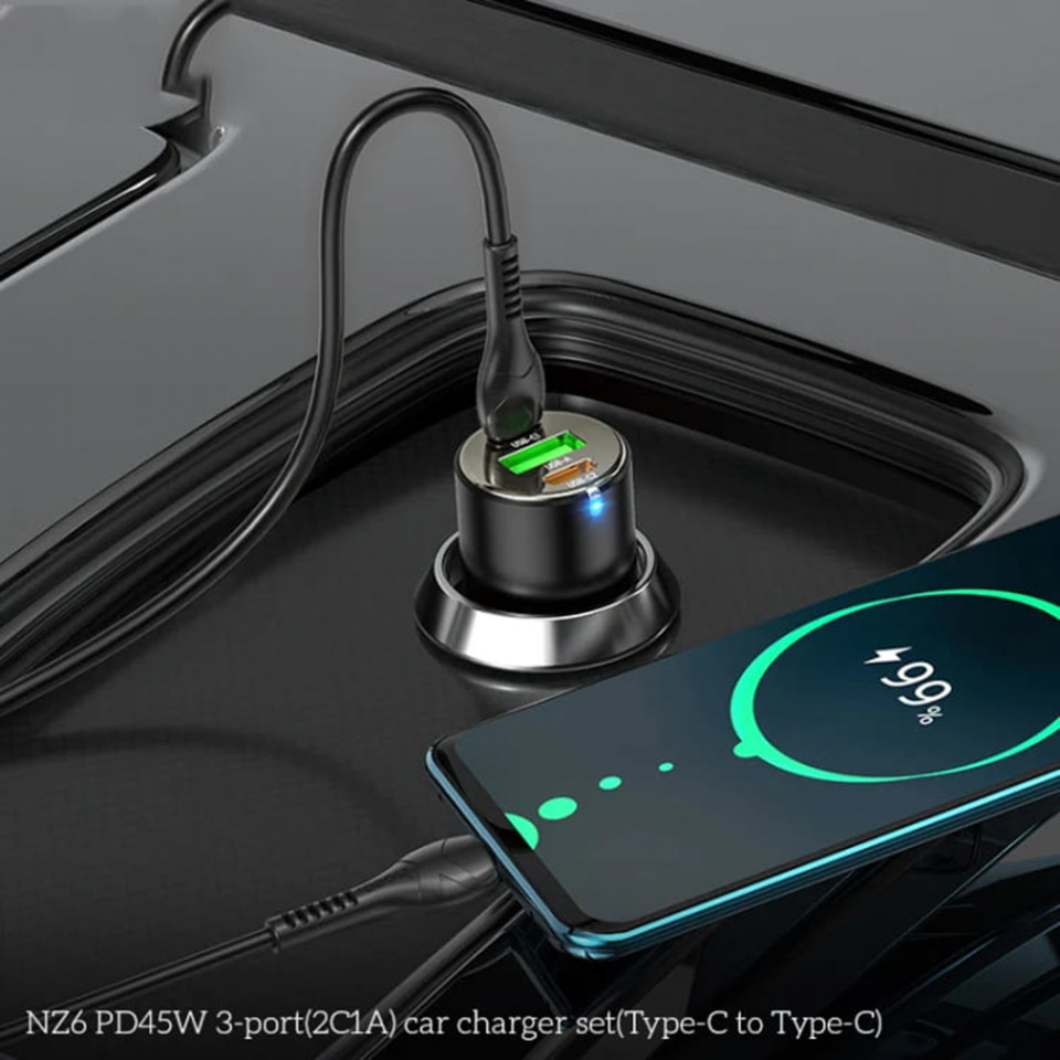 Incarcator auto (NZ6), USB-A, 2xUSB Type-C, QC 3.0, PD 45W, 5.0A cu cablu Type-C to Type-C Cable 1.0m, HOCO - Negru - 3 | YEO