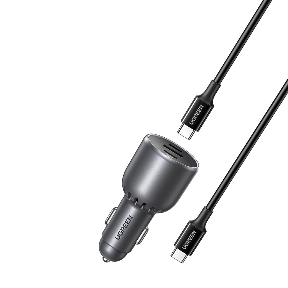 Incarcator Auto pentru Telefon, Laptop, Fast Charge, LED Light, 2x USB-C, USB, 130W, with Type-C Cable, Ugreen EC705, Gri - 1 | YEO