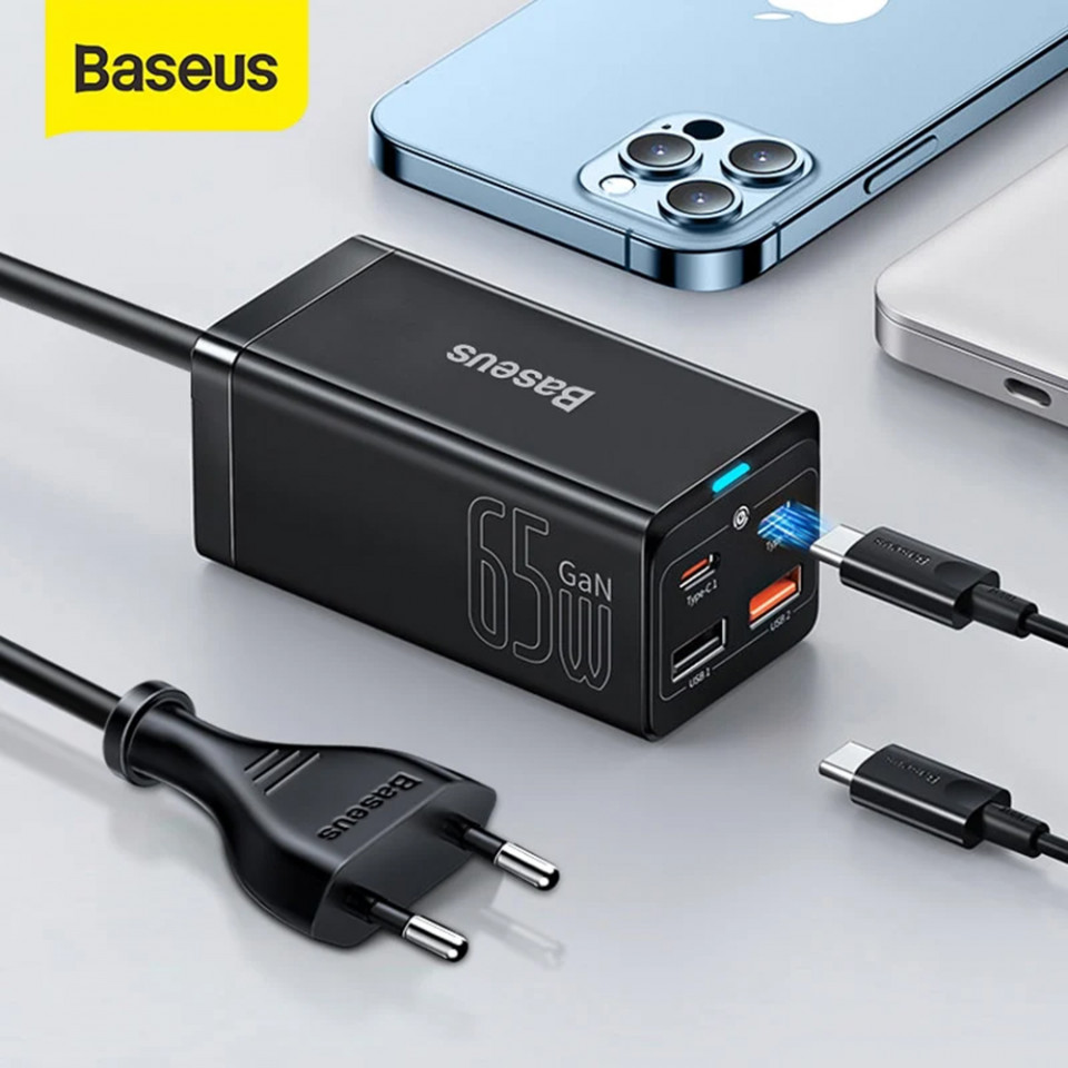 Incarcator priza GaN3 Pro cu cablu Type-C la Type-C,  2xUSB-C, PD, 65W si USB-A 5A, Baseus (CCGP040101) - Negru - 1 | YEO