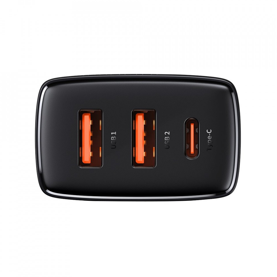 Incarcator priza Compact, USB-C, PD, 30W si 2x USB-A, QC 3A, Baseus (CCXJ-E01) - Negru - 2 | YEO