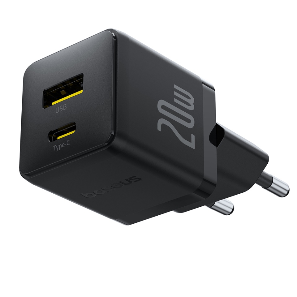 Incarcator Priza cu 2 porturi, Baseus,Type-C Cablu Inclus, 2in1, USB, USB-C, 20W, 5V/3.0A, 1m , Palm 8213, Negru - 1 | YEO