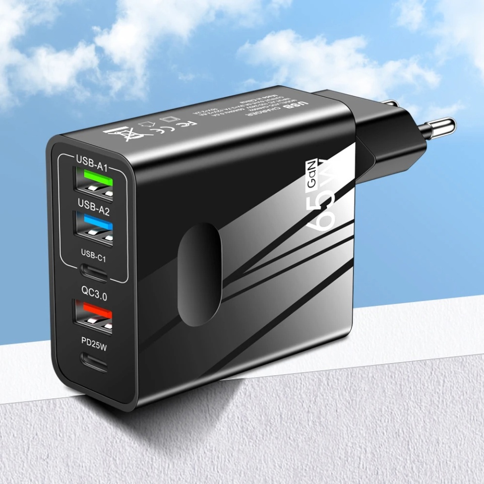 Incarcator Priza cu 5 porturi , Universal, 3x USB, 2x Type-C, Cablu Inclus, PD 25W, 65W, GaN, Techsuit PentaXPower (CHC1), Negru, set cu sticker - 1 | YEO