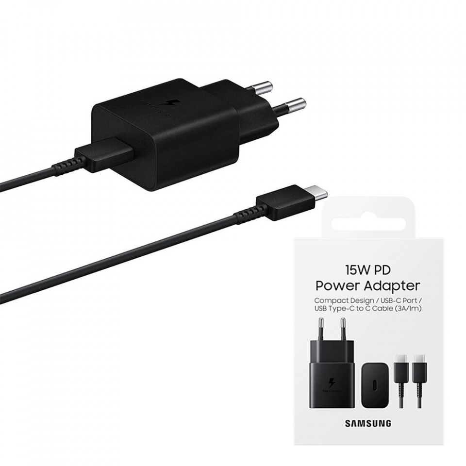Incarcator priza fast charge 15W, 2A, cu cablu Type-C, Original Samsung - Negru