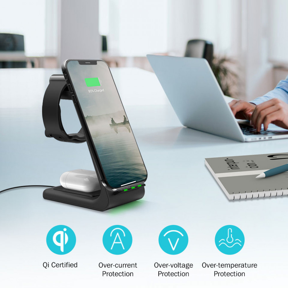 Incarcator Wireless 3in1 iPhone, AirPods si Apple Watch 10W cu cablu, Techsuit - Negru - 1 | YEO