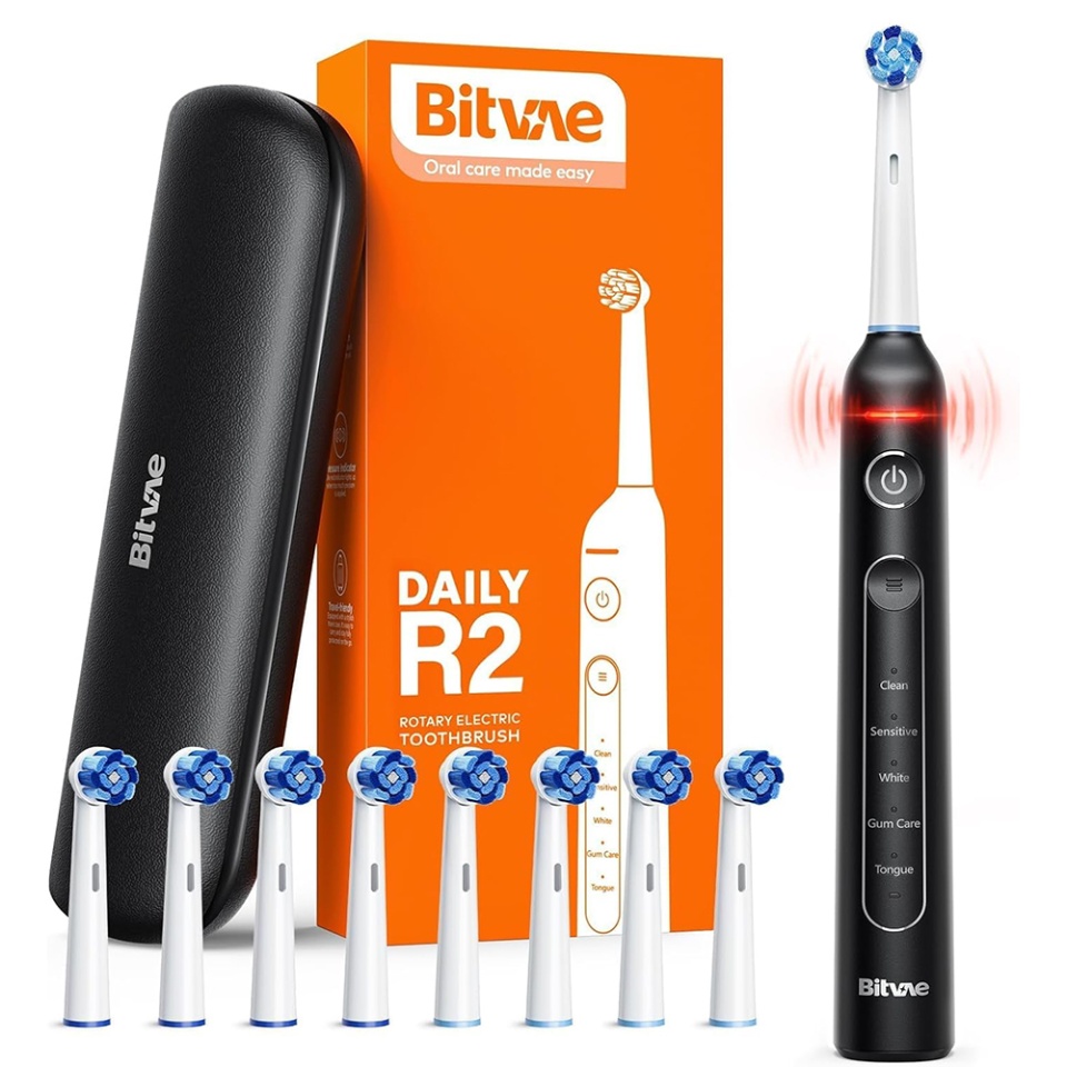 Periuta de dinti electrica Bitvae R2 cu cap rotativ, 8 capete de schimb, husa de calatorie, incarcare USB, autonomie 3 ore, BVR2, Negru