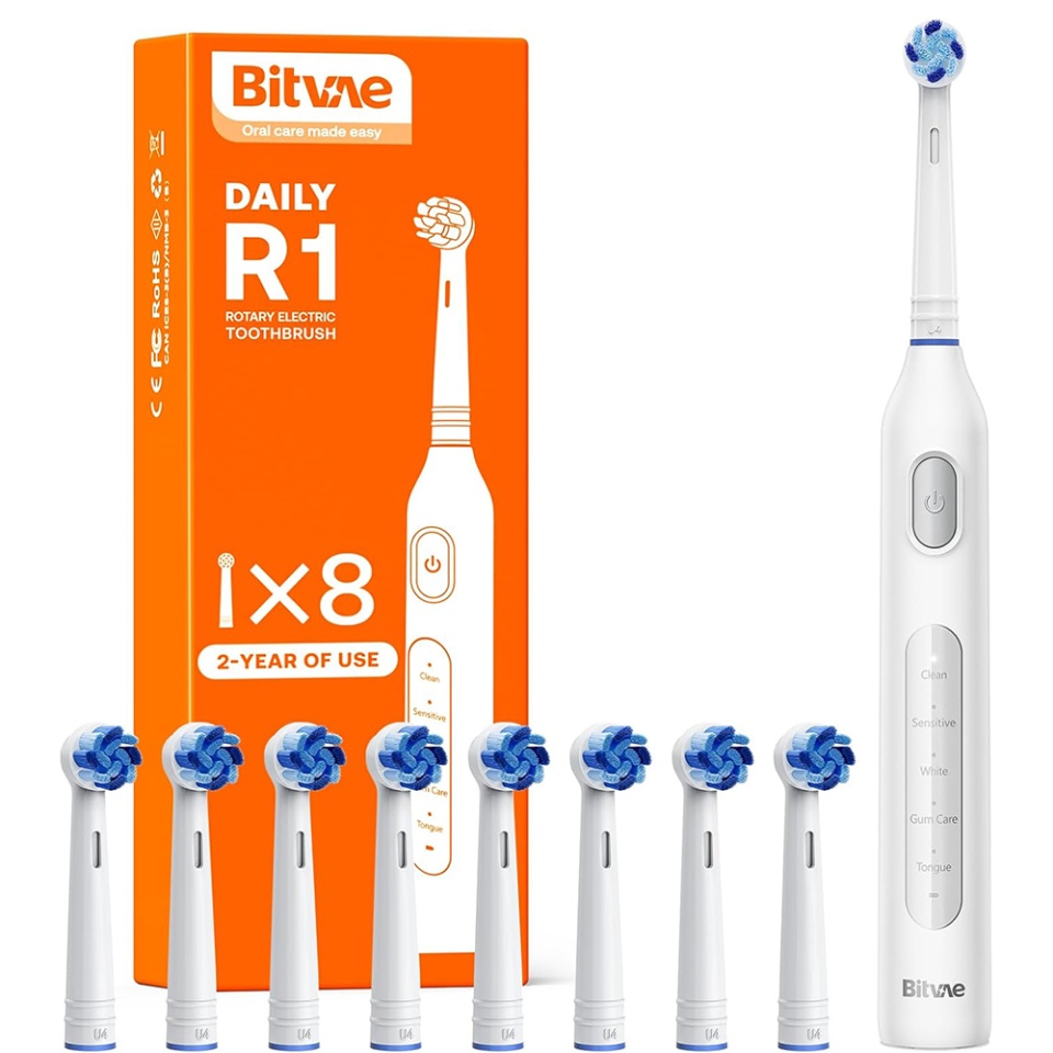 Periuta de dinti electrica D2, Bitvae, cu tehnologie ultrasonica, 5 moduri, 8 capete de schimb, rezistenta la apa, BVR1, Alb