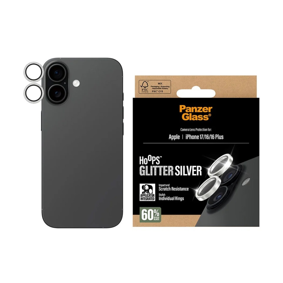 Protectie Camera pentru iPhone 16 / 16 Plus / 17, Hoops PanzerGlass®, cu Separare Optica, Sticla Securizata, Anti-Zgarieturi si Anti-Reflexie, Argintiu