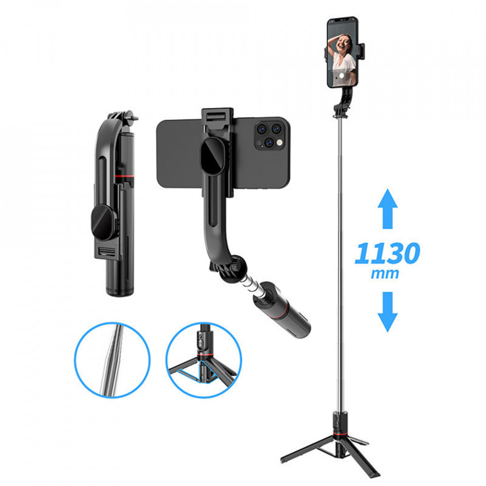 Selfie Stick si Trepied Stabil Bluetooth, 113cm, Techsuit (L13), Negru