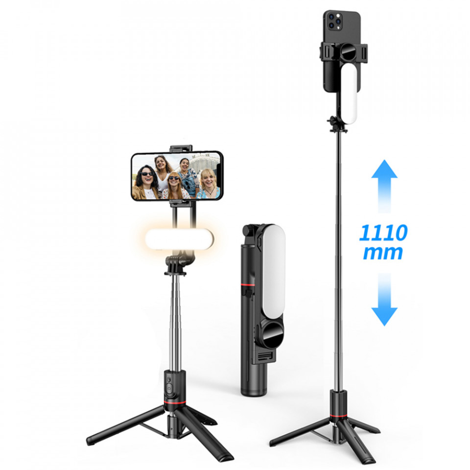 Selfie stick tip trepied cu LED, pliabil, Techsuit L15 - Negru