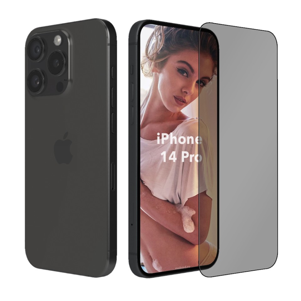 Sticla pentru iPhone 14 Pro, Anti-spy Ultra HD, Protectie 9H, Montare Simplă, SKYDDAR 111D Privacy - Black Frame