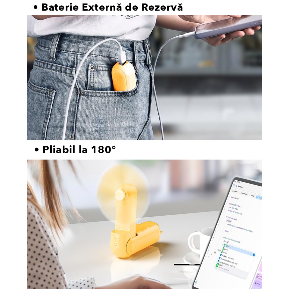 Ventilator Ultra Portabil 3 in 1, De Mână, De Birou, De Gât, 3 Trepte Viteza, Pliabil cu baterie Portabila 2000mAh, Autonomie 20h, SKDR AirMini - Portocaliu - 3 | YEO