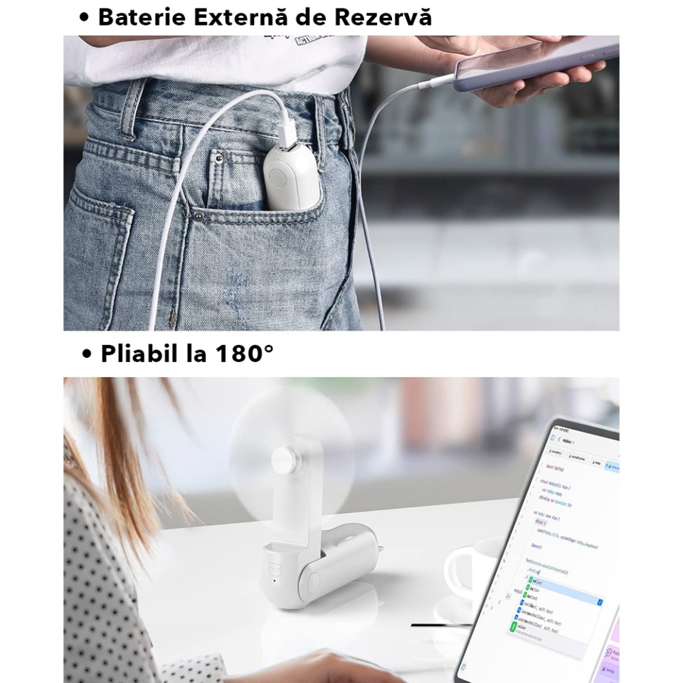 Ventilator Ultra Portabil 3 in 1, De Mână, De Birou, De Gât, 3 Trepte Viteza, Pliabil cu baterie Portabila 2000mAh, Autonomie 20h, SKDR AirMini - Alb - 3 | YEO