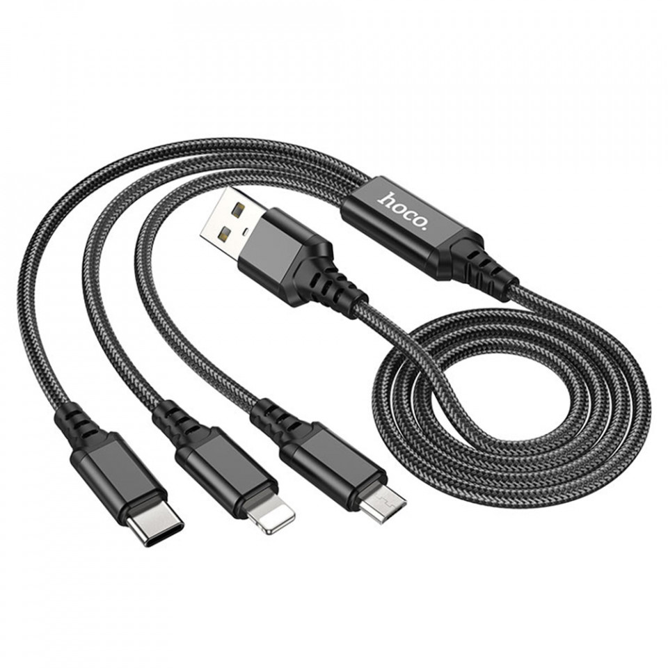 Cablu de Date 3in1 USB la Type-C, Micro-USB, Lightning, Fast Charging 2A, 1m, Hoco - Negru - 2 | YEO