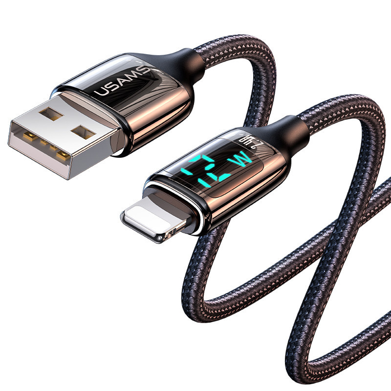 Cablu de date din Nailon cu display, Type-C la Lightning , 12W, 1.2M, Fast Charge, USAMS (US-SJ543) - Negru - 2 | YEO