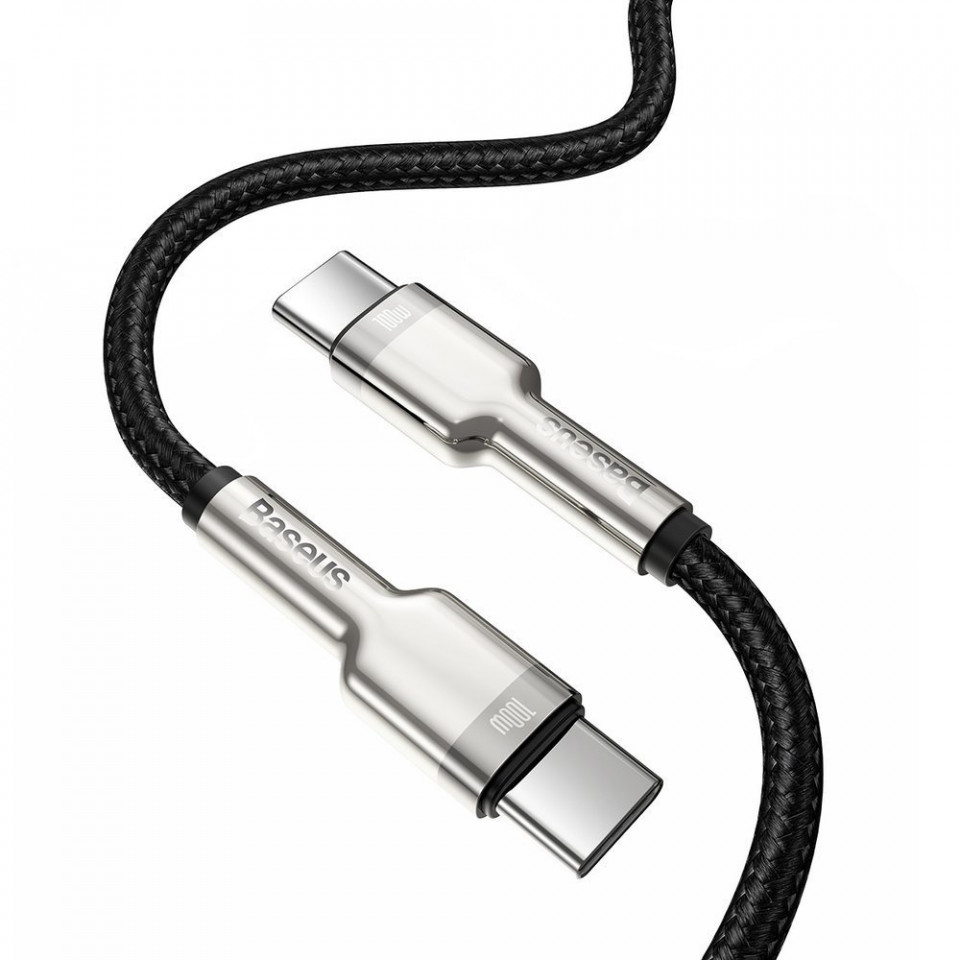 Cablu Type-C to Type-C, Super Fast Charge, 100W, 480Mbps, 20V, 5A, 2m - Baseus Cafule Series Metal (CATJK-D01) - Black - 1 | YEO
