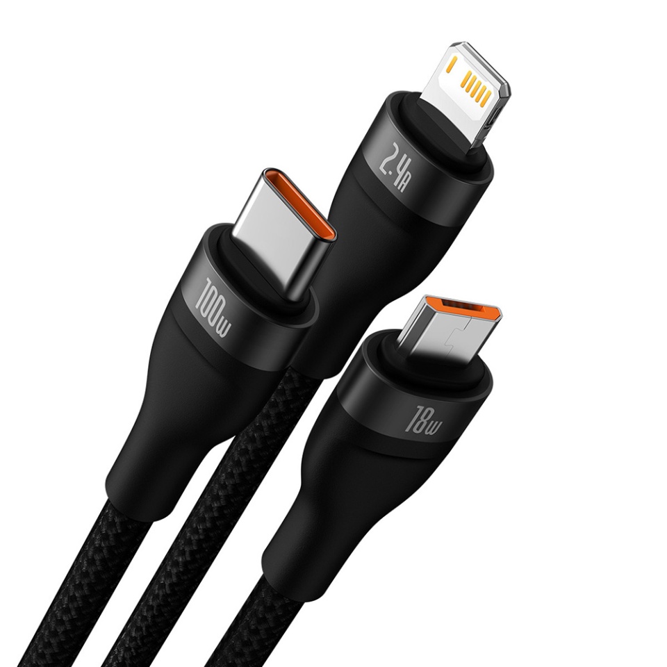 Cablue de Incarcare / Date 3in1 USB la Type-C, Lightning, Micro-USB, 100W, 1.2m, Baseus, Flash Series 2, Negru - 1 | YEO