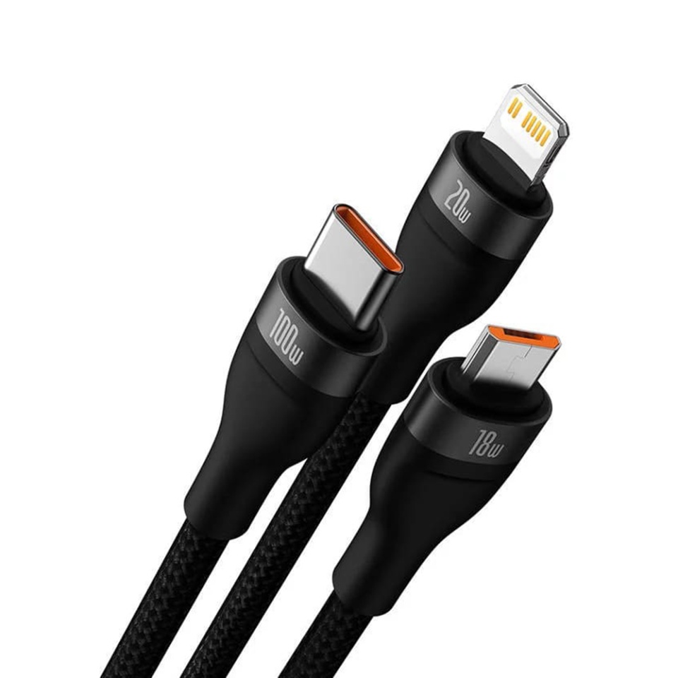 Cablue de Incarcare / Date 3in1 USB la Type-C, Lightning, Micro-USB, 100W, 1.5m, Baseus, Flash Series 2, Negru - 1 | YEO