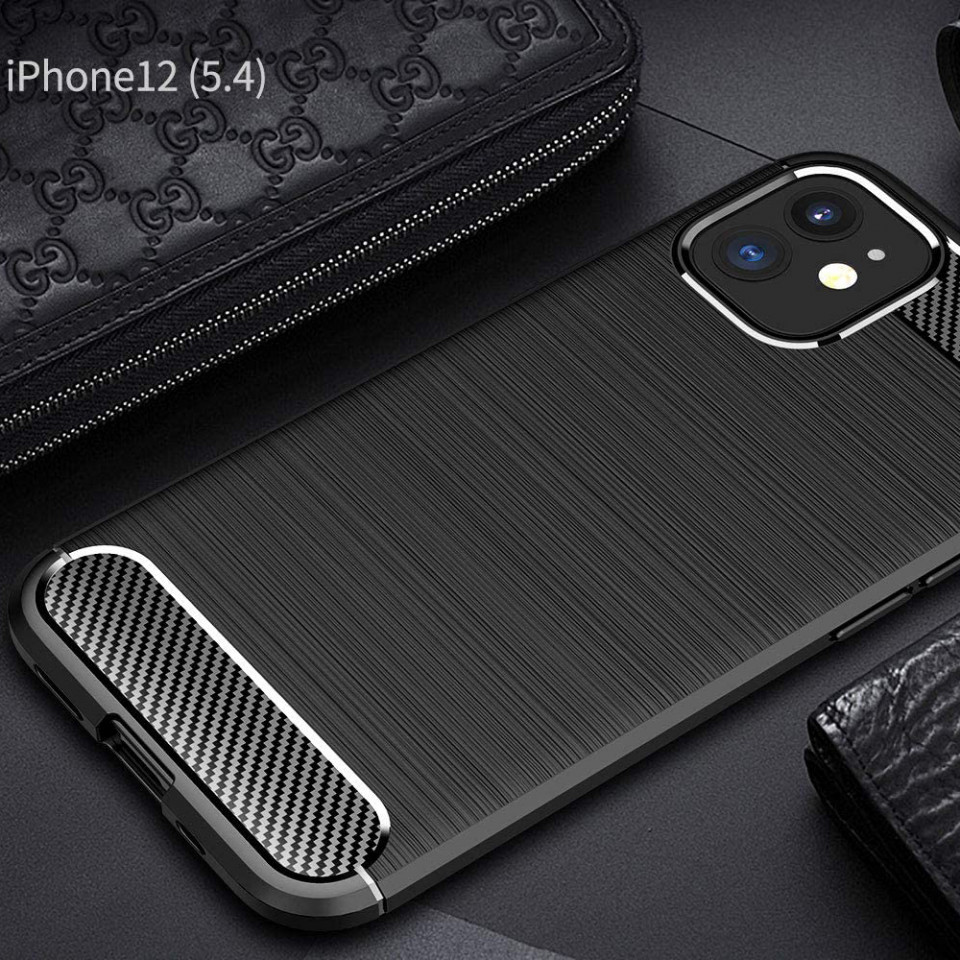 Husa iPhone 12 Mini din silicon, Slim, cu textura Fibra Carbon - Negru - 1 | YEO