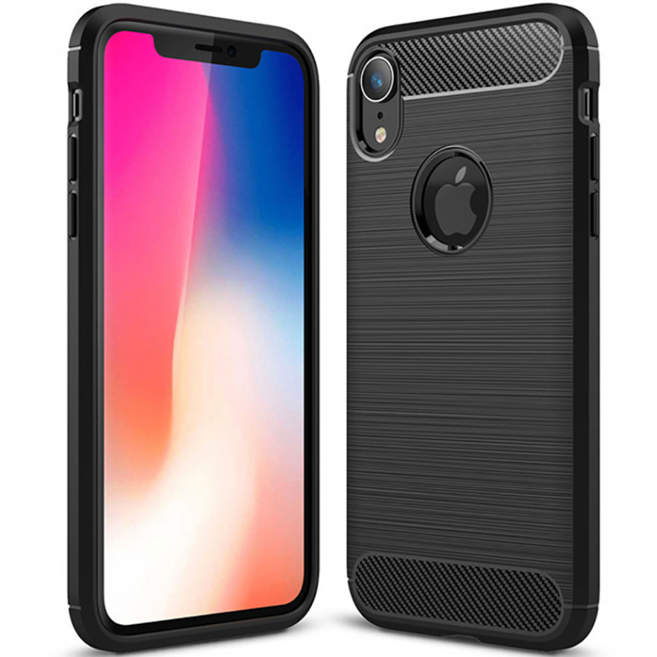 Husa iPhone XR din silicon, Slim, cu textura Fibra Carbon - Negru
