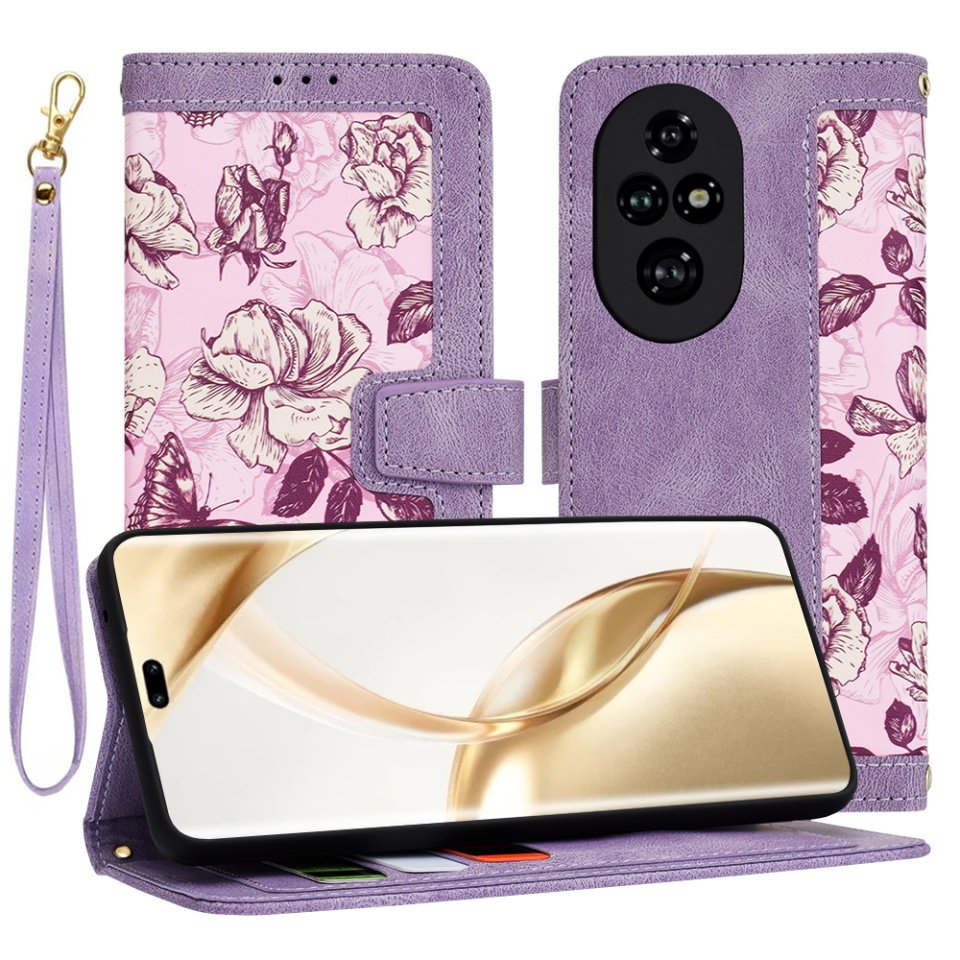 Husa pentru Honor 200 Pro din Piele Ecologică cu Design Floral, Protecție 360°, Stand Integrat, Buzunare pentru Carduri, SKDR Floral Wallet - Mov