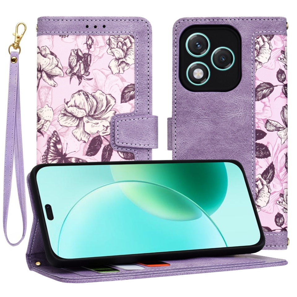 Husa pentru Honor 400 Lite, SKYDDAR INNOVATION, Floral Wallet, din Piele Ecologică cu Design Floral, Protecție 360°, Stand Integrat, Buzunare pentru Carduri, Mov, set cu sticker