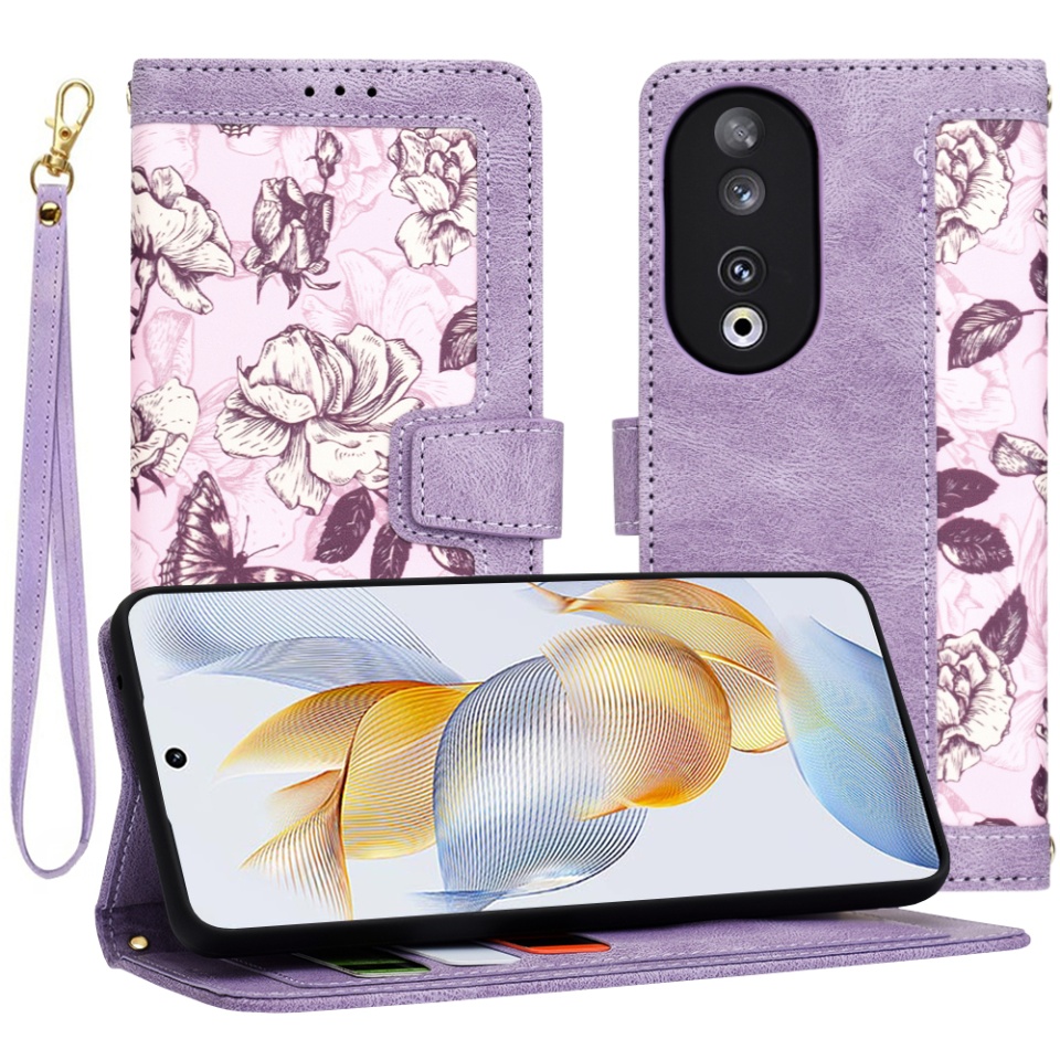 Husa pentru Honor 90 din Piele Ecologică cu Design Floral, Protecție 360°, Stand Integrat, Buzunare pentru Carduri, SKDR Floral Wallet - Mov