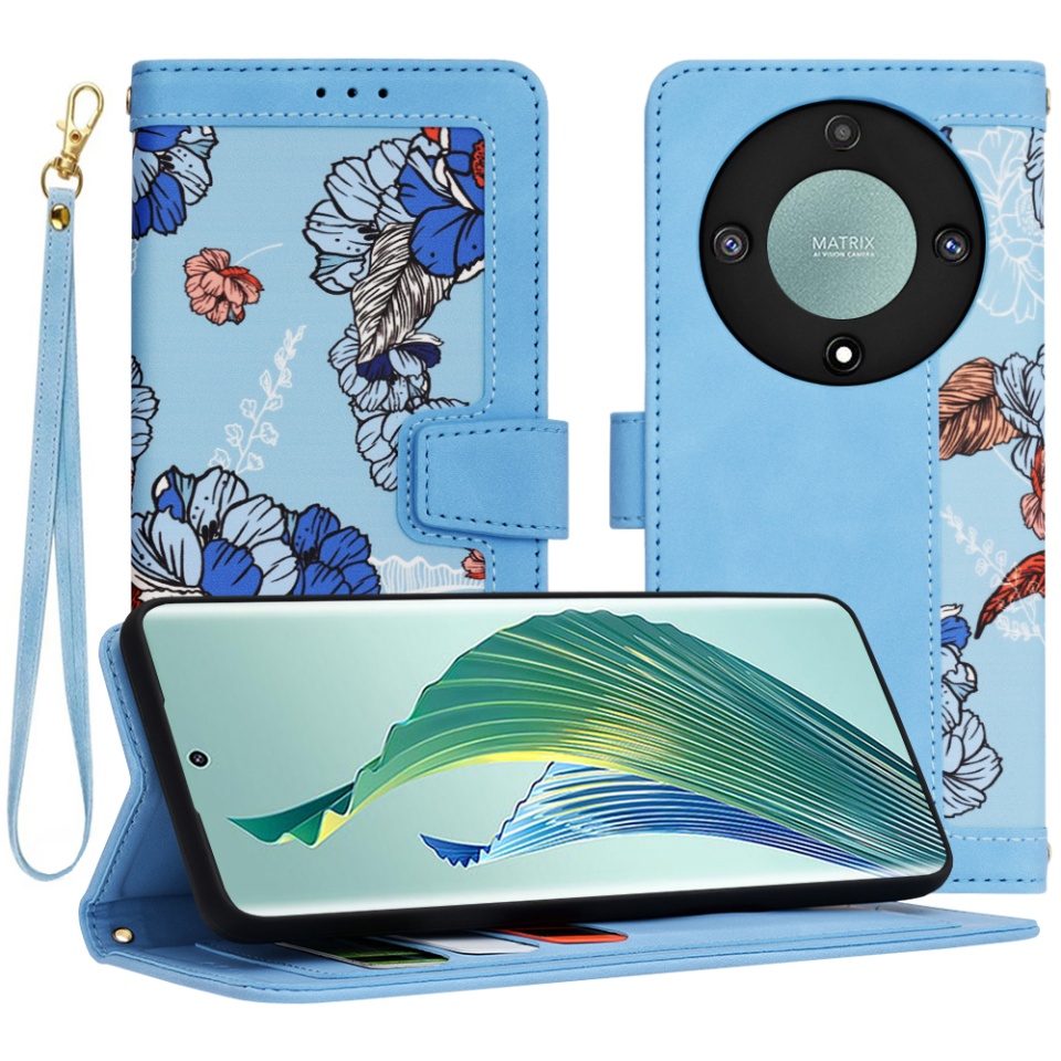 Husa pentru Honor Magic5 Lite din Piele Ecologică cu Design Floral, Protecție 360°, Stand Integrat, Buzunare pentru Carduri, SKDR Floral Wallet - Bleu