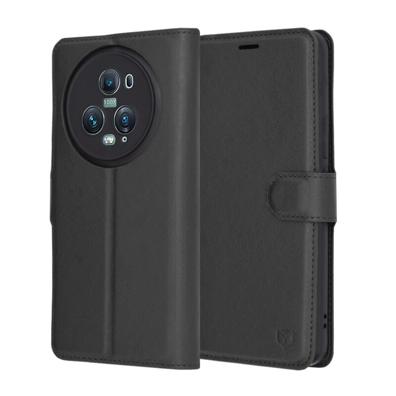 Husa pentru Honor Magic5 Pro, SKYDDAR INNOVATION, Leather Folio tip Carte, cu Portofel Interior, Finisaje Premium, set cu sticker, Negru