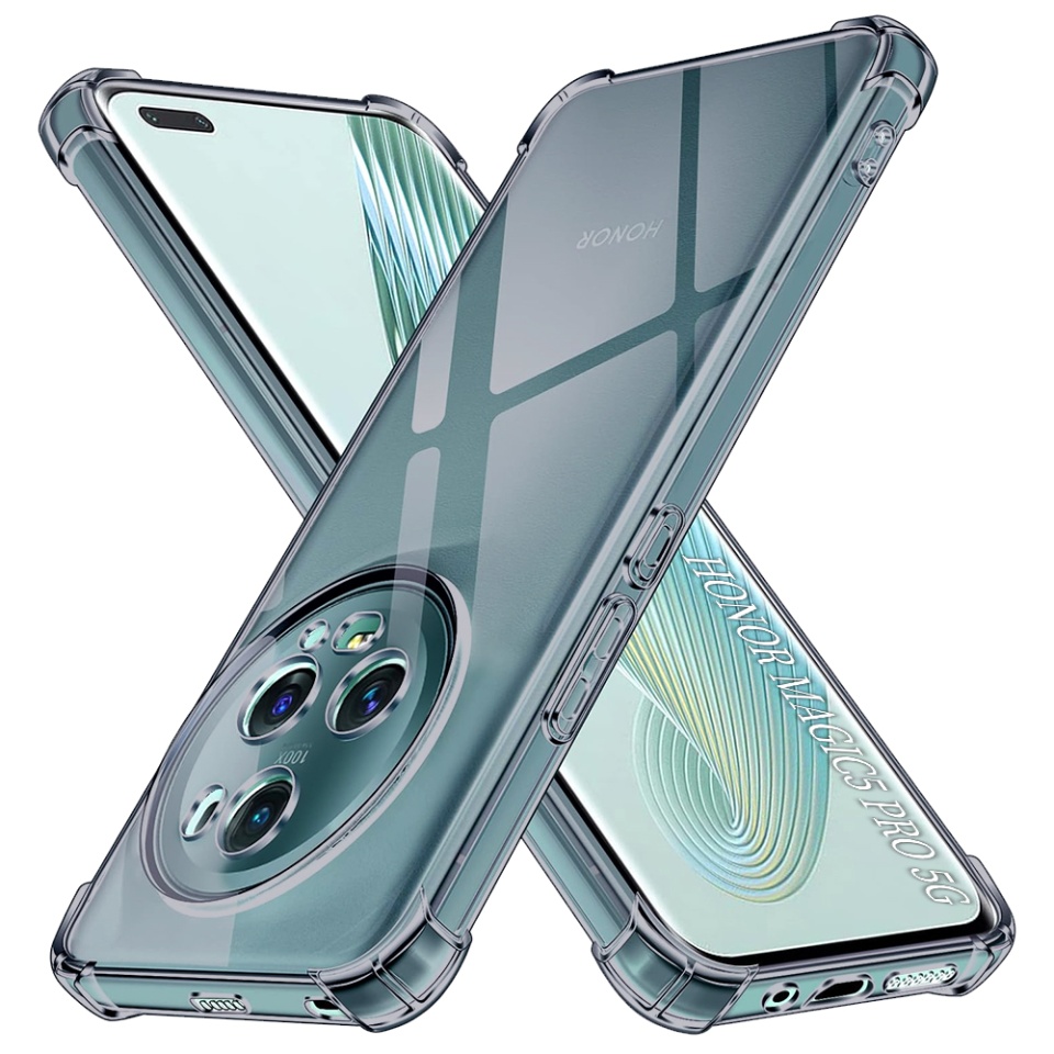 Husa pentru Honor Magic5 Pro, SKYDDAR INNOVATION, Shockproof Clear Silicone, Silicon Slim, set cu sticker, Fumuriu