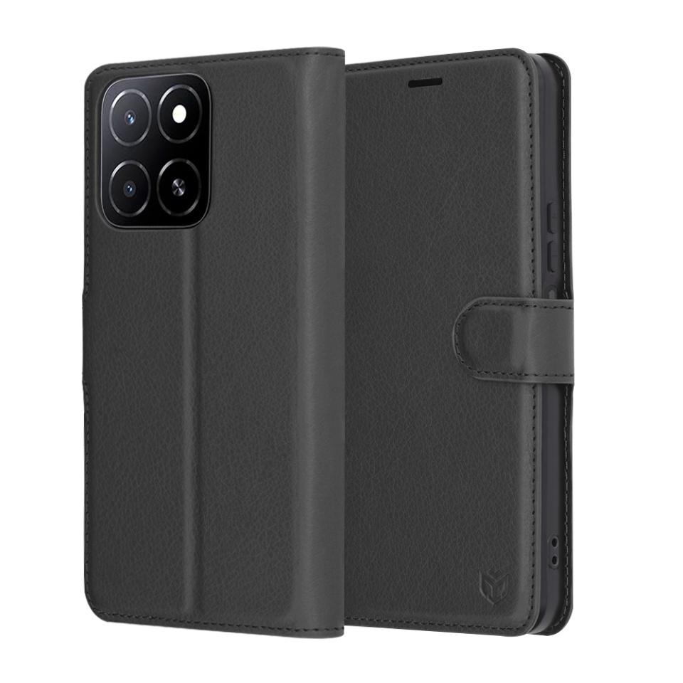 Husa pentru Honor X5b, SKYDDAR INNOVATION, Leather Folio tip Carte, cu Portofel Interior, Finisaje Premium, set cu sticker, Negru
