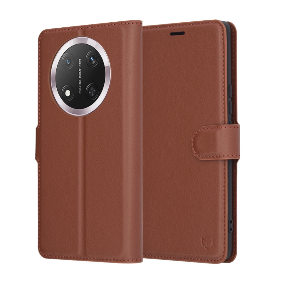Husa pentru Honor X9c / Magic7 Lite, SKYDDAR INNOVATION, Leather Folio tip Carte, cu Portofel Interior, Finisaje Premium, set cu sticker, Maro