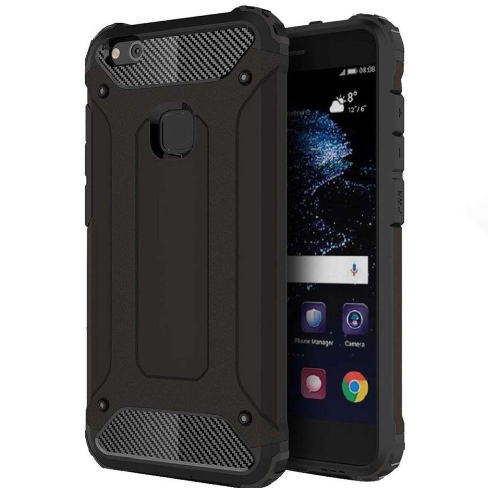 Husa pentru Huawei P10 Lite, SKYDDAR INNOVATION, Hybrid Armor, din Plastic Dur, Margini Cauciucate, Antisoc, set cu sticker, Negru