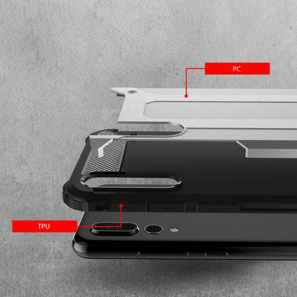 Husa pentru Huawei P20 Pro, SKYDDAR INNOVATION, Hybrid Armor, din Plastic Dur, Margini Cauciucate, Antisoc, set cu sticker, Negru - 1 | YEO