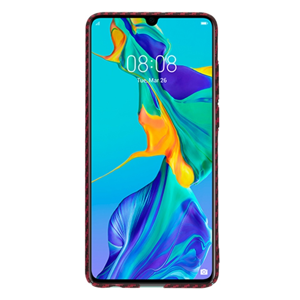 Husa pentru Huawei P30, SKYDDAR INNOVATION, textura carbon, Carbonite FiberShell, set cu sticker, Rosu, - 1 | YEO