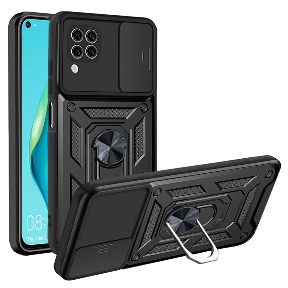 Husa pentru Huawei P40 Lite, SKYDDAR INNOVATION, CamShield, Inel magnetic, set cu sticker, Negru