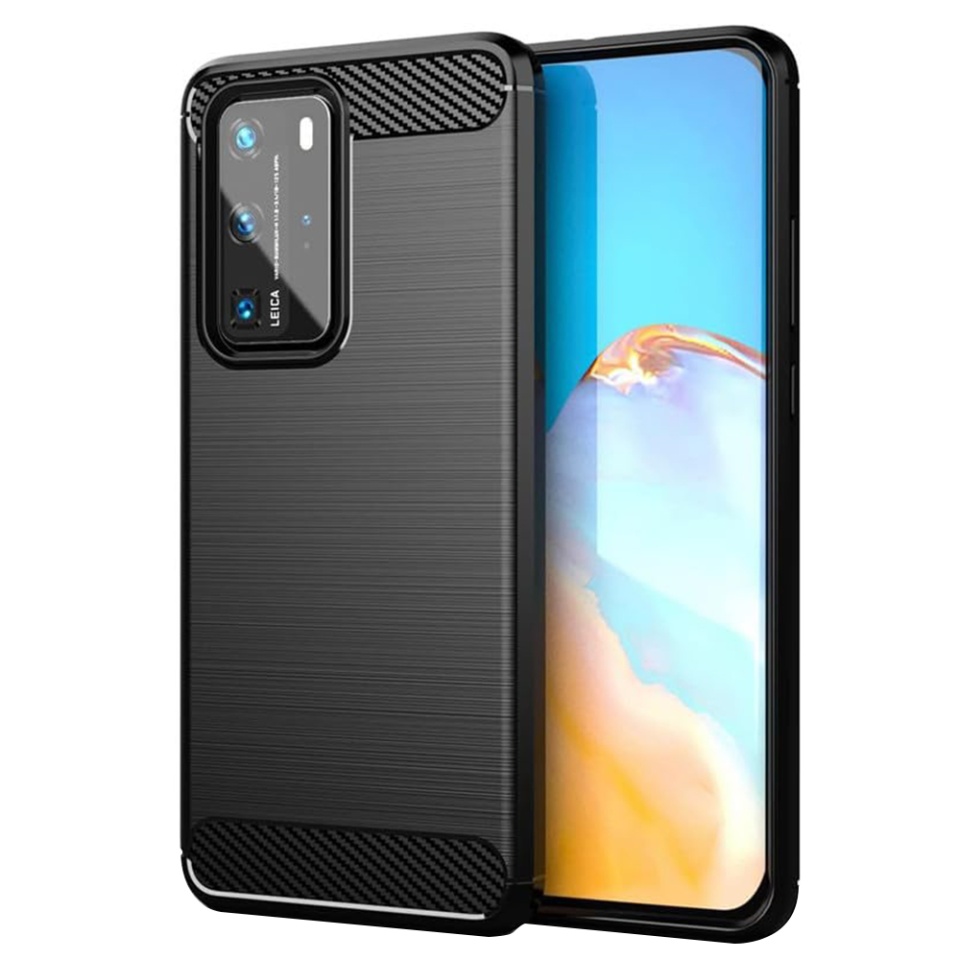 Husa pentru Huawei P40 Pro, SKYDDAR INNOVATION, Carbon Silicone, din Silicon Slim, cu textura Fibra Carbon, set cu sticker, Negru