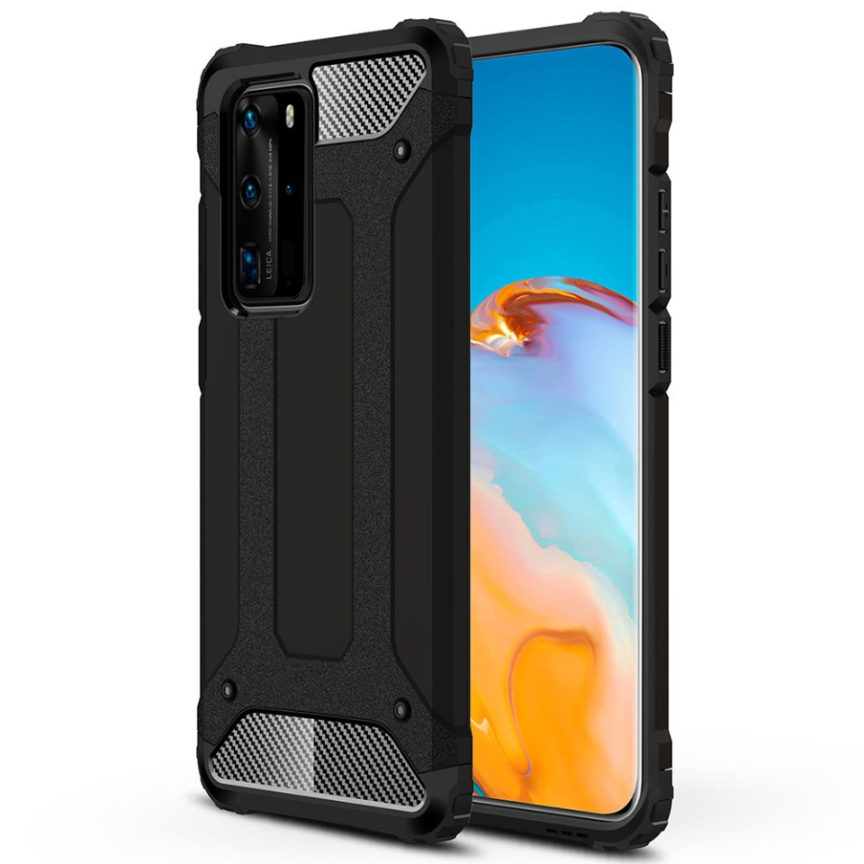 Husa pentru Huawei P40 Pro, SKYDDAR INNOVATION, Hybrid Armor, din Plastic Dur, Margini Cauciucate, Antisoc, set cu sticker, Negru