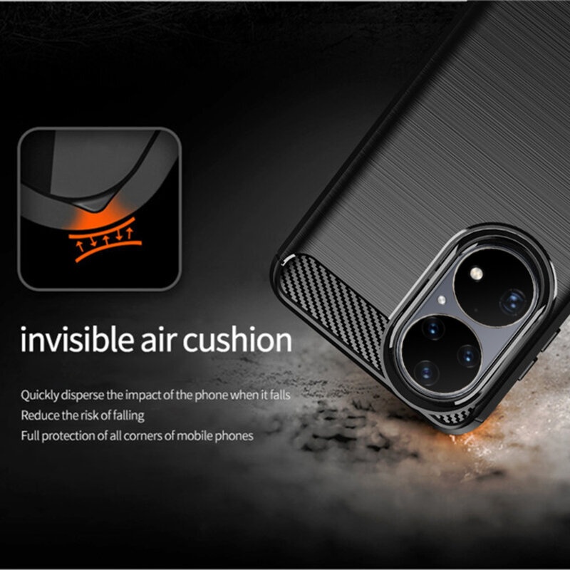 Husa pentru Huawei P50 Pro, SKYDDAR INNOVATION, Carbon Silicone, din Silicon Slim, cu textura Fibra Carbon, set cu sticker, Negru - 2 | YEO