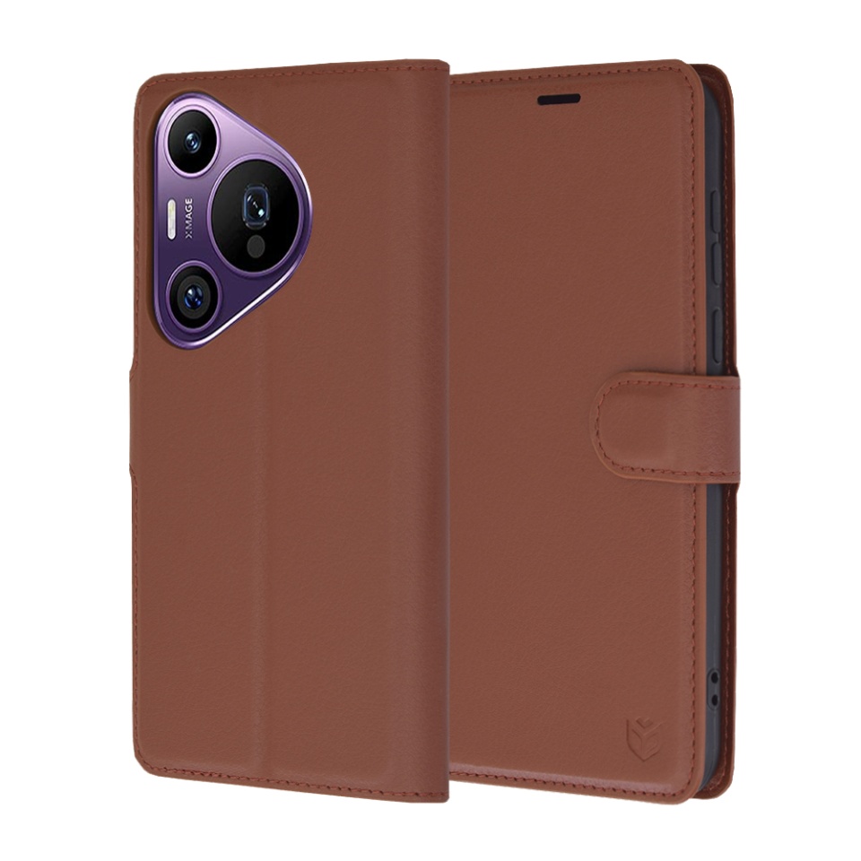 Husa pentru Huawei Pura 70 Pro, SKYDDAR INNOVATION, Leather Folio tip Carte, cu Portofel Interior, Finisaje Premium, set cu sticker, Maro