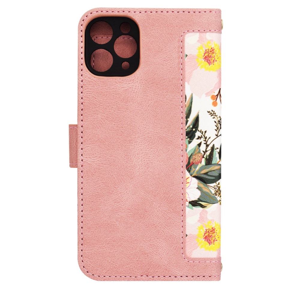 Husa pentru iPhone 11 Pro din Piele Ecologică cu Design Floral, Protecție 360°, Stand Integrat, Buzunare pentru Carduri, SKDR Floral Wallet - Roz - 2 | YEO