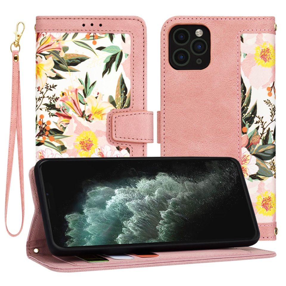 Husa pentru iPhone 11 Pro Max din Piele Ecologică cu Design Floral, Protecție 360°, Stand Integrat, Buzunare pentru Carduri, SKDR Floral Wallet - Roz