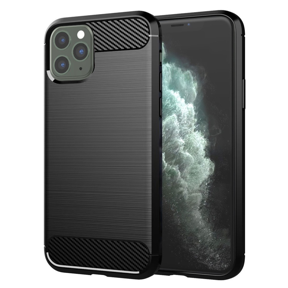 Husa pentru iPhone 11 Pro Max, SKYDDAR INNOVATION, Carbon Silicone, din Silicon Slim, cu textura Fibra Carbon, set cu sticker, Negru