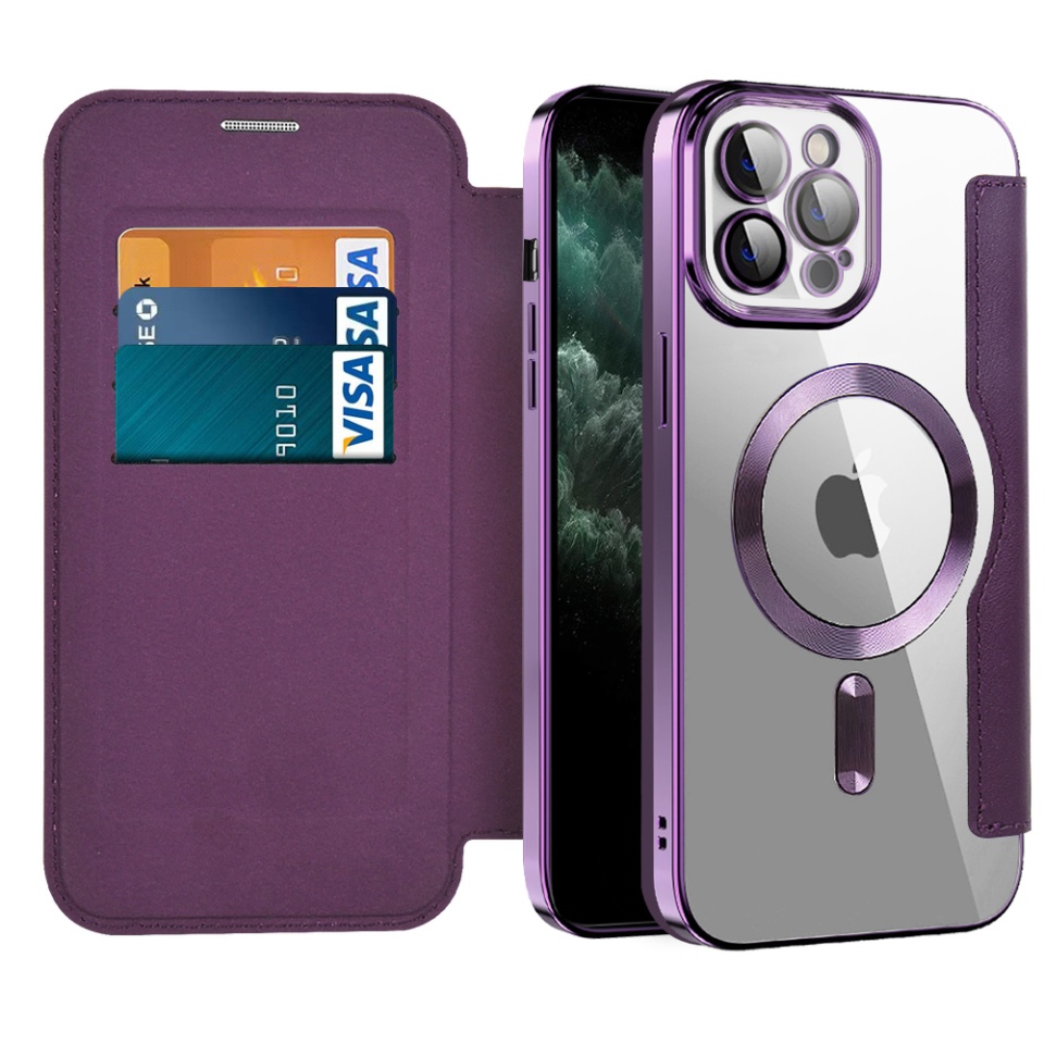 Husa pentru iPhone 11 Pro Max tip carte, SKYDDAR INOVATION, SmartMag Book, Magsafe, RFiD, Suport Carduri, set cu sticker, Mov