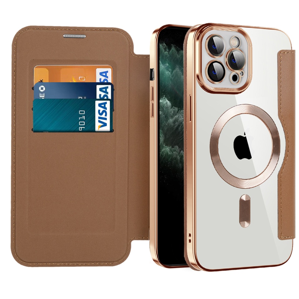 Husa pentru iPhone 11 Pro Max tip carte, SKYDDAR INOVATION, SmartMag Book, Magsafe, RFiD, Suport Carduri, set cu sticker, Maro
