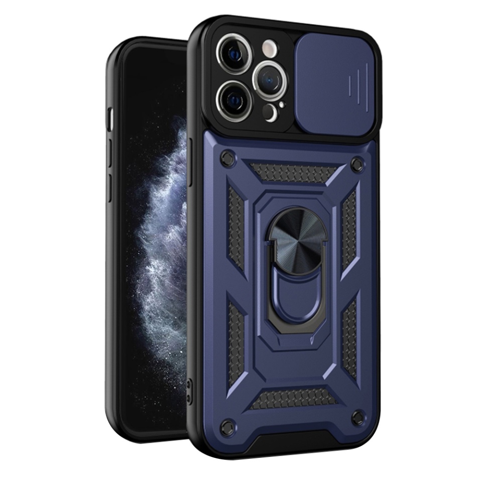 Husa pentru iPhone 11 Pro, SKYDDAR INNOVATION, CamShield, Inel magnetic, set cu sticker, Albastru