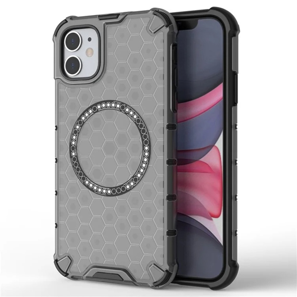 Husa pentru iPhone 11, SKYDDAR INNOVATION, HoneyComb Shield MagSafe, Negru, set cu sticker