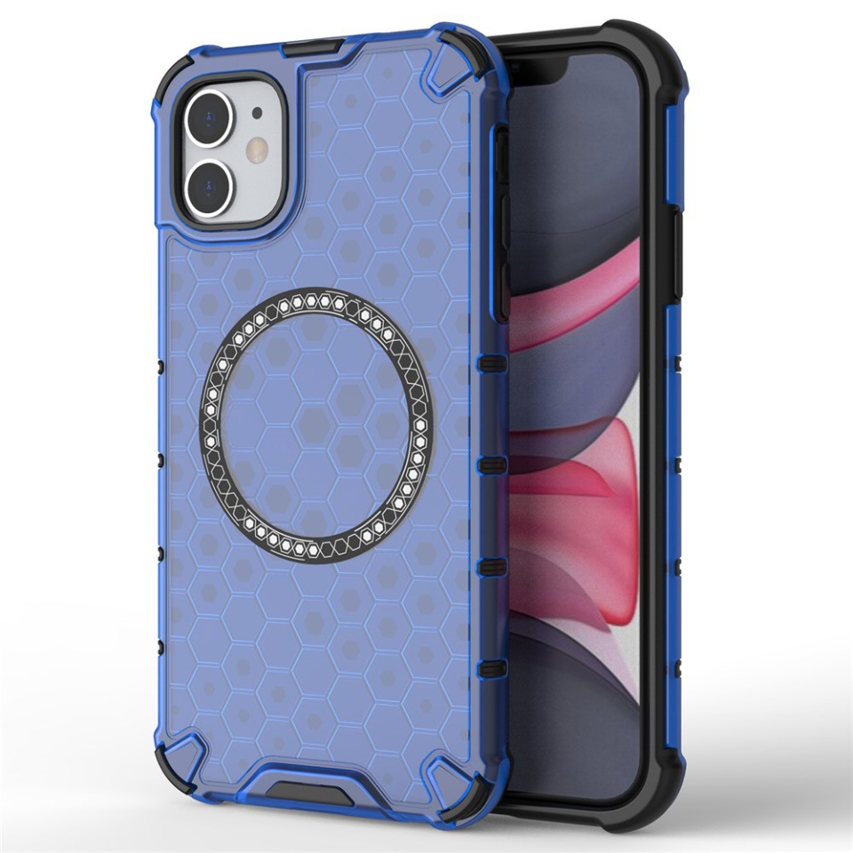 Husa pentru iPhone 11, SKYDDAR INNOVATION, HoneyComb Shield MagSafe, Antisoc, set cu sticker, Albastru