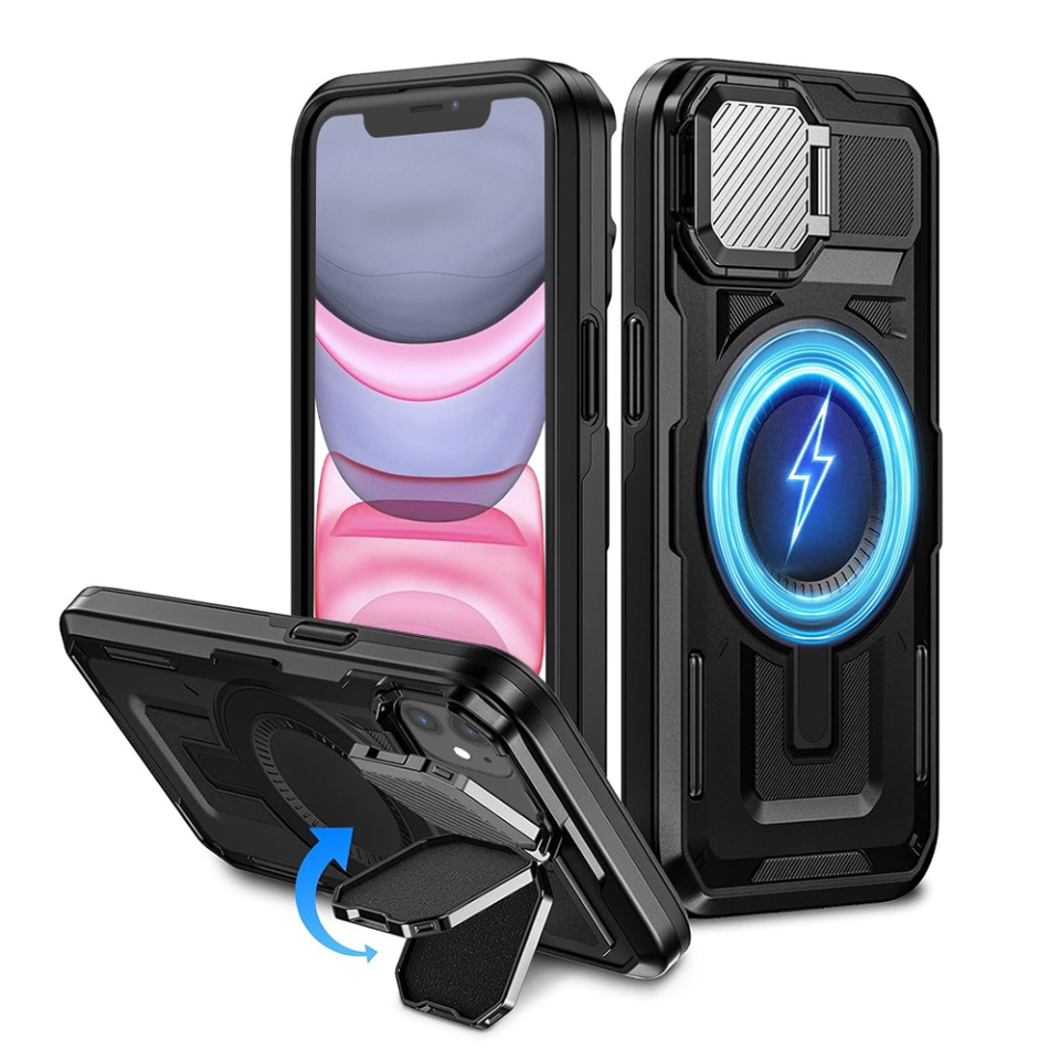 Husa pentru iPhone 11 / XR, SKYDDAR INNOVATION, CamVault MagSafe cu Protectie Camera, set cu sticker, Negru